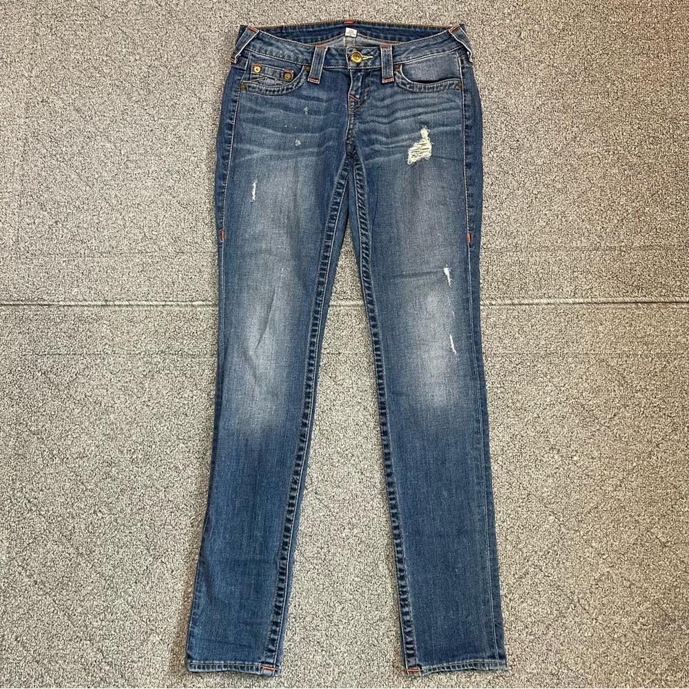 True Religion Skinny Jeans Womens Size 26 Blue Denim Distressed Embroidered